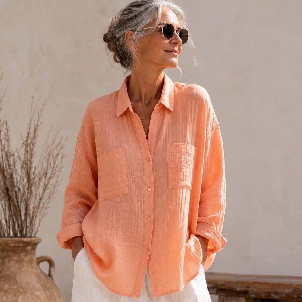 Eileen Fisher Lofty Gauze Button Front Shirt XXS Organic Cotton Pocket Peach Top